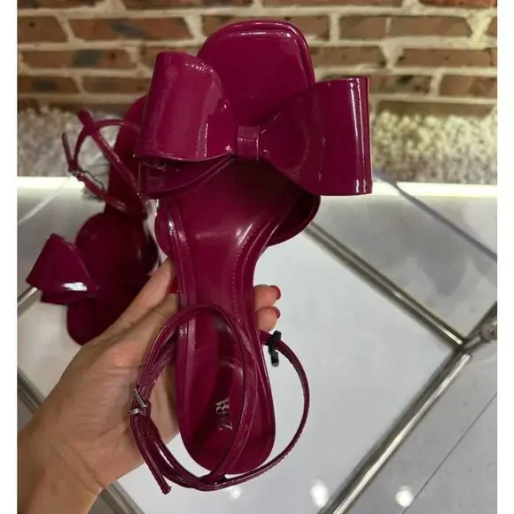 ZARA Red Embellished Heels NWT | Maxi Bow Strap Patent Finish - Picture 10 of 16